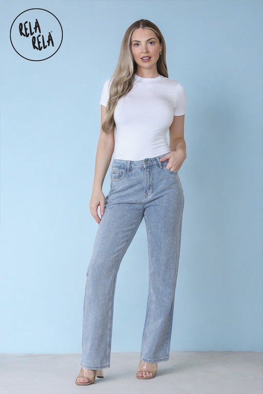 Classic High-Waist Rhinestone Detailed Straight Leg Jeans in Denim Blue