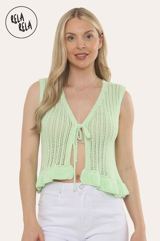Crochet Tie Front Frill Detailed Top in Mint