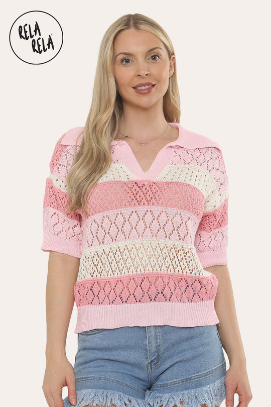 Collared Crochet Polo Shirt Jumper Top in Pink
