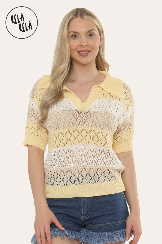 Collared Crochet Polo Shirt Jumper Top in Yellow