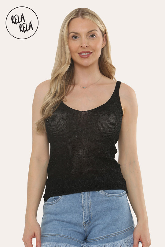 Summer Sleeveless Shimmery V Neck Cami Vest Tank Top in Black