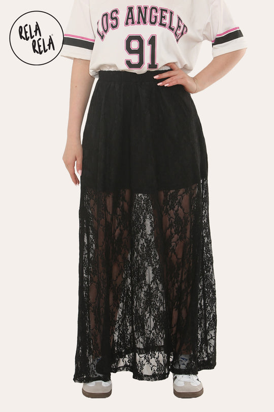 Elegant Sheer Patterned Lace Maxi Skirt in Black