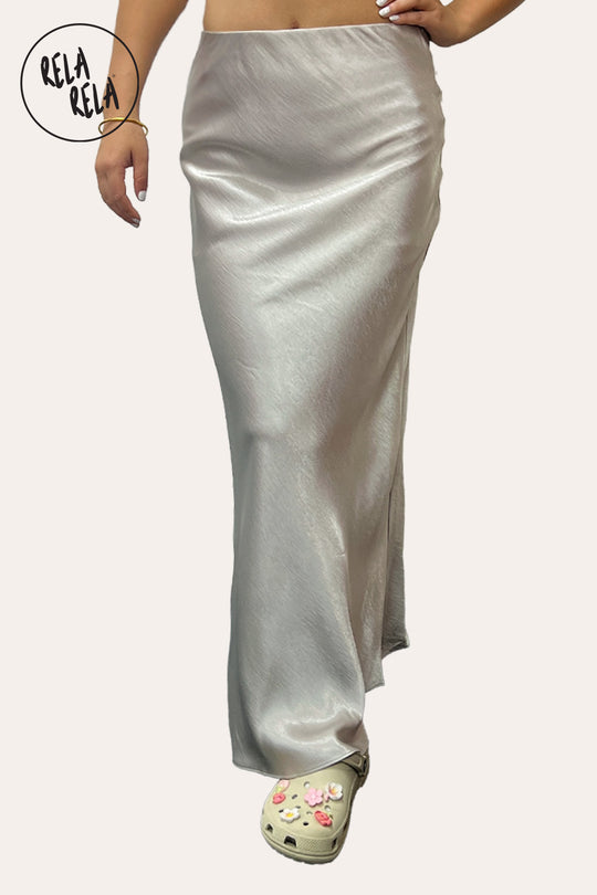 Satin Maxi Skirt with Slim Straight Cut in Silver