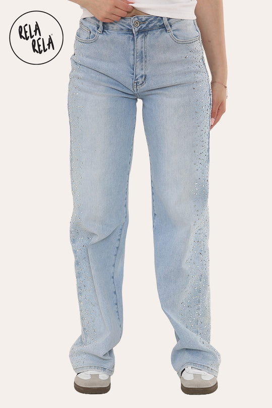 Light Blue Side Diamante Jeans with Stretchy Wide Leg Glitter Denim