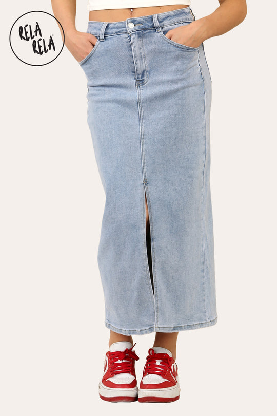 Stretchy Denim Maxi Skirt with Split Front in Light Blue