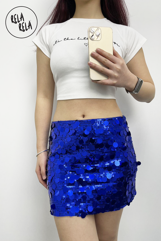 Shimmering Mid Rise Disc Sequin Micro Skirt in Cobal Blue