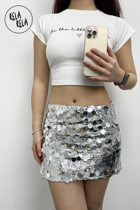 Shimmering Mid Rise Disc Sequin Micro Skirt in Silver