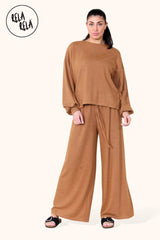 Balloon Sleeve Ribbed Top & Wide Leg trousers Co-Ord in Tan Front