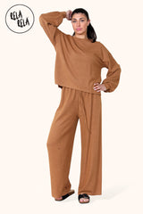 Balloon Sleeve Ribbed Top & Wide Leg trousers Co-Ord in Tan Front2