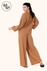 Balloon Sleeve Ribbed Top & Wide Leg trousers Co-Ord in TanBalloon Sleeve Ribbed Top & Wide Leg trousers Co-Ord in Tan Back