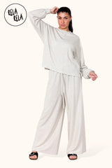 Balloon Sleeve Ribbed Top & Wide Leg trousers Co-Ord in Beige Detailed