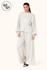 Balloon Sleeve Ribbed Top & Wide Leg trousers Co-Ord in Beige Front