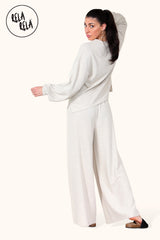 Balloon Sleeve Ribbed Top & Wide Leg trousers Co-Ord in Beige Back