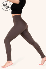 Side profile of sculpting leggings in chocolate brown
