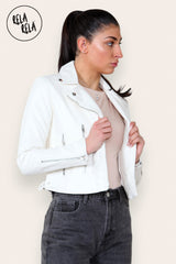 Faux Leather Biker Jacket Zipper Outwear Coat in Cream side
