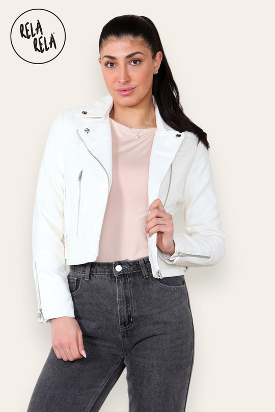 Faux Leather Biker Jacket Zipper Outwear Coat in Cream