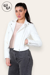 Faux Leather Biker Jacket Zipper Outwear Coat in Cream details