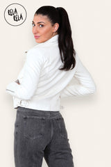 Faux Leather Biker Jacket Zipper Outwear Coat in Cream back