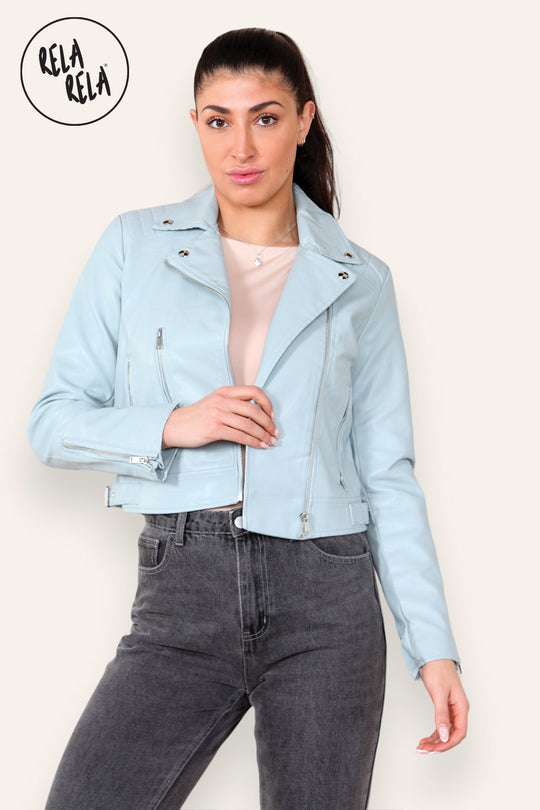 Faux Leather Biker Jacket Zipper Outwear Coat in Powder Blue