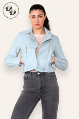 Faux Leather Biker Jacket Zipper Outwear Coat in Powder Blue details