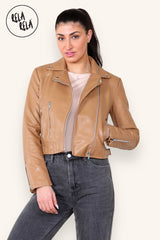 Faux Leather Biker Jacket Zipper Outwear Coat in Camel front