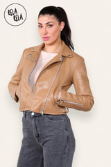 Faux Leather Biker Jacket Zipper Outwear Coat in Camel side