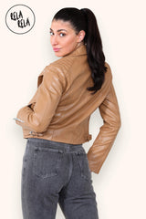 Faux Leather Biker Jacket Zipper Outwear Coat in Camel back
