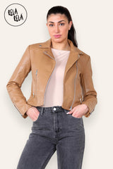Faux Leather Biker Jacket Zipper Outwear Coat in Camel details