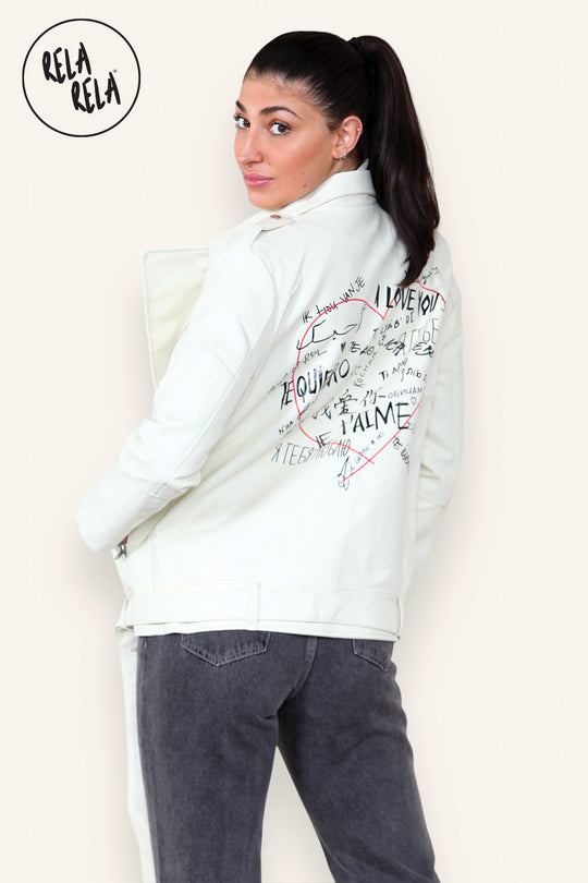 Graffiti Design Faux Leather Biker Jacket Zipper Outwear Coat in Cream