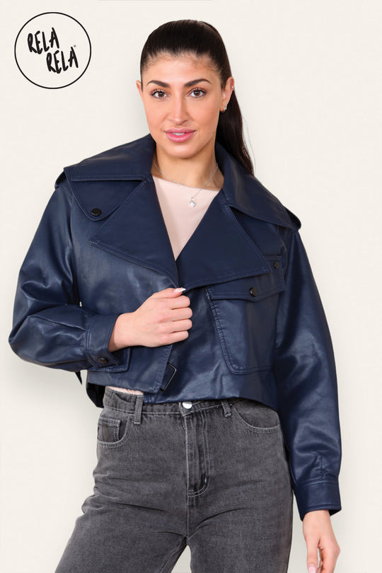 Cropped Long-sleeved Lapel Faux Leather Jacket Outwear Coat in Navy
