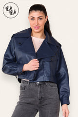 Cropped Long-sleeved Lapel Faux Leather Jacket Outwear Coat in Navy front