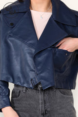 Cropped Long-sleeved Lapel Faux Leather Jacket Outwear Coat in Navy detailed