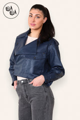 Cropped Long-sleeved Lapel Faux Leather Jacket Outwear Coat in Navy side