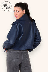Cropped Long-sleeved Lapel Faux Leather Jacket Outwear Coat in Navy back