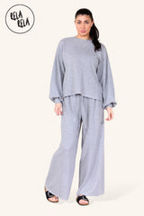 Balloon Sleeve Ribbed Top & Wide Leg trousers Co-Ord in Grey Front