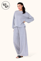 Balloon Sleeve Ribbed Top & Wide Leg trousers Co-Ord in Grey Side
