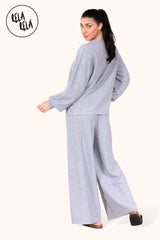 Balloon Sleeve Ribbed Top & Wide Leg trousers Co-Ord in Grey Back