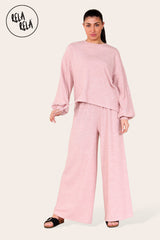 Balloon Sleeve Ribbed Top & Wide Leg trousers Co-Ord in Pink Front