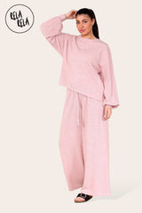 Balloon Sleeve Ribbed Top & Wide Leg trousers Co-Ord in Pink Side