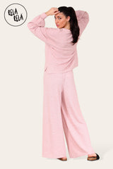 Balloon Sleeve Ribbed Top & Wide Leg trousers Co-Ord in Pink Back