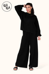 Balloon Sleeve Ribbed Top & Wide Leg trousers Co-Ord in Black Detail