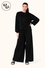 Balloon Sleeve Ribbed Top & Wide Leg trousers Co-Ord in Black Front