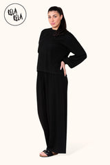 Balloon Sleeve Ribbed Top & Wide Leg trousers Co-Ord in Black Side
