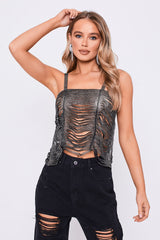 Strappy Rhinestone Chainmail Cropped Top in Black front
