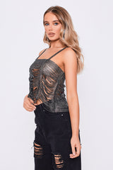Strappy Rhinestone Chainmail Cropped Top in Black side