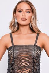 Strappy Rhinestone Chainmail Cropped Top in Black front 2