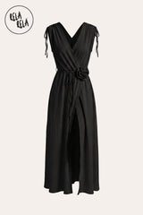 A professional Ghost Mannequin 3D shot of the Black Corsage Dress, presenting the garment in a hollow form to showcase the precise wrap-around construction.