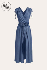 A professional Ghost Mannequin 3D shot of the Denim Blue Corsage Dress, presenting the garment in a hollow form to showcase the precise wrap-around construction.