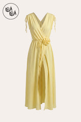 A professional Ghost Mannequin 3D shot of the Yellow Corsage Dress, presenting the garment in a hollow form to highlight the sophisticated internal wrap construction.