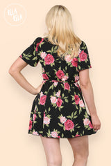 Flared Sleeve Floral Tie Waist Dress in Black back